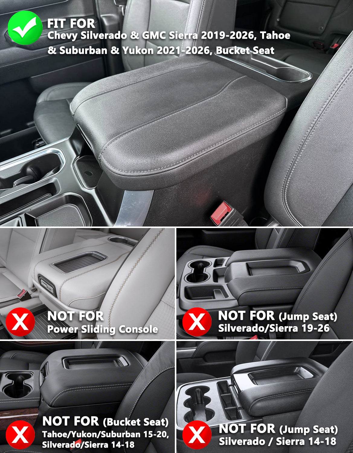 Thick Version Center Console Cushion Cover for Bucket Seat 2019-2026 GMC Sierra 1500 2500 3500,2019-2026 Chevy Silverado 1500 2500 3500, 2021-2026 Tahoe/Suburban/Yukon