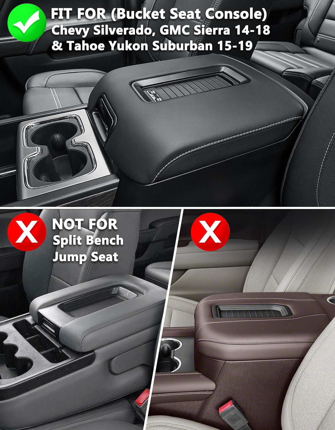 KBH Center Console Armrest Cover for Bucket Seat 2014-2018 Chevy Silverado 1500/2500/3500,2014-2018 GMC Sierra 1500/2500/3500,2015-2020 Tahoe/Yukon/Suburban