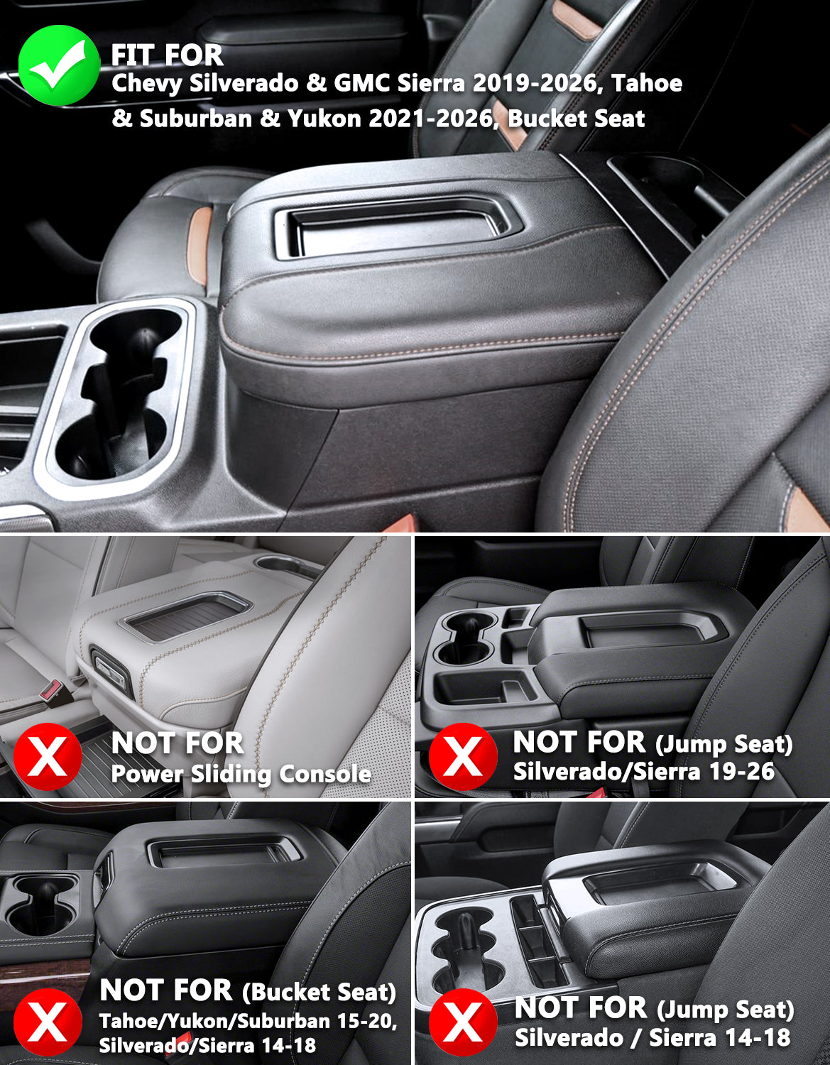 Thick Version Center Console Cushion Cover for Bucket Seat 2019-2026 GMC Sierra 1500 2500 3500,2019-2026 Chevy Silverado 1500 2500 3500, 2021-2026 Tahoe/Suburban/Yukon