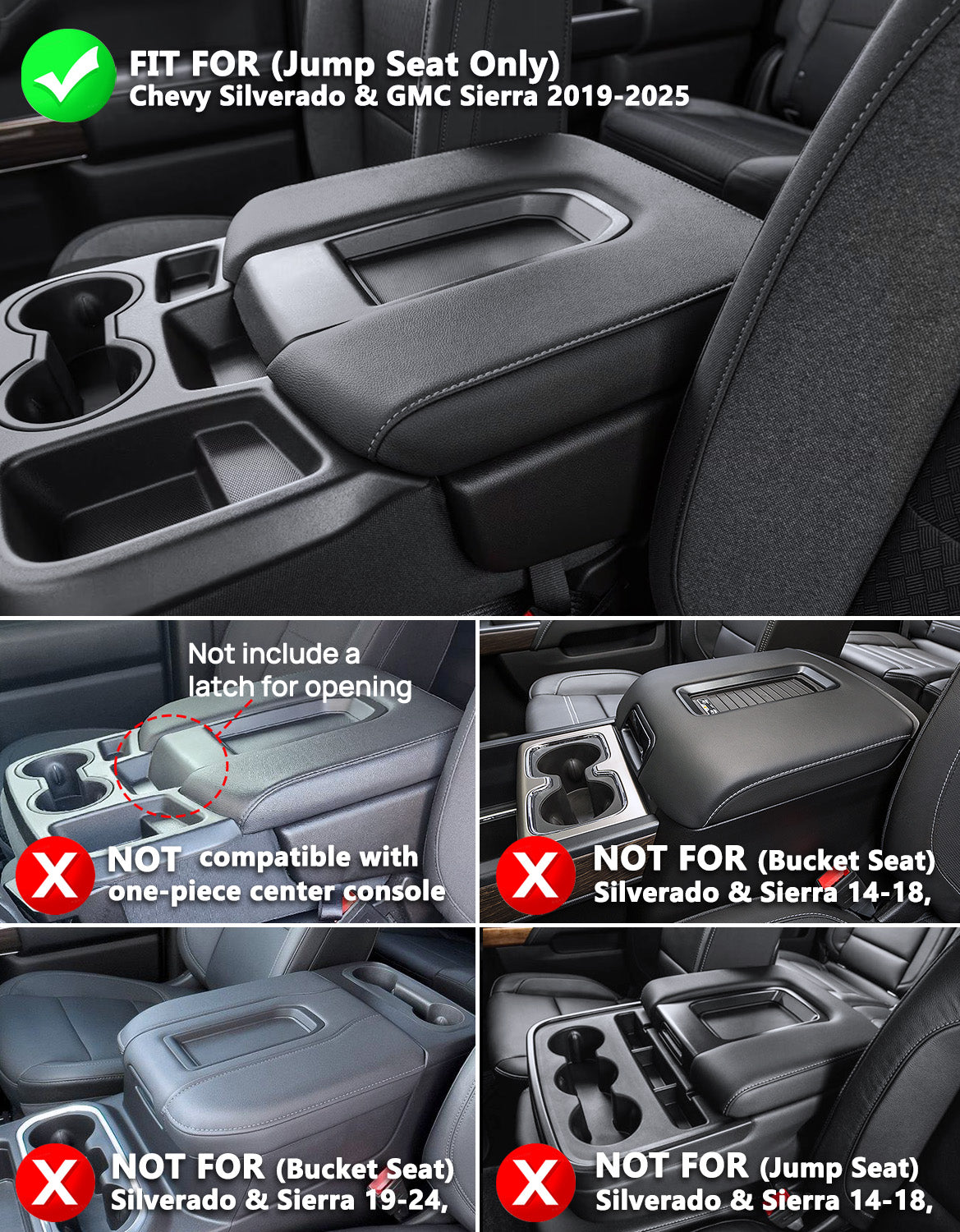KBH Center Console Armrest Cover Pad for Jump Seat 2019-2025 GMC Sierra 1500 2500 3500,2019-2025 Chevy Silverado 1500 2500 3500