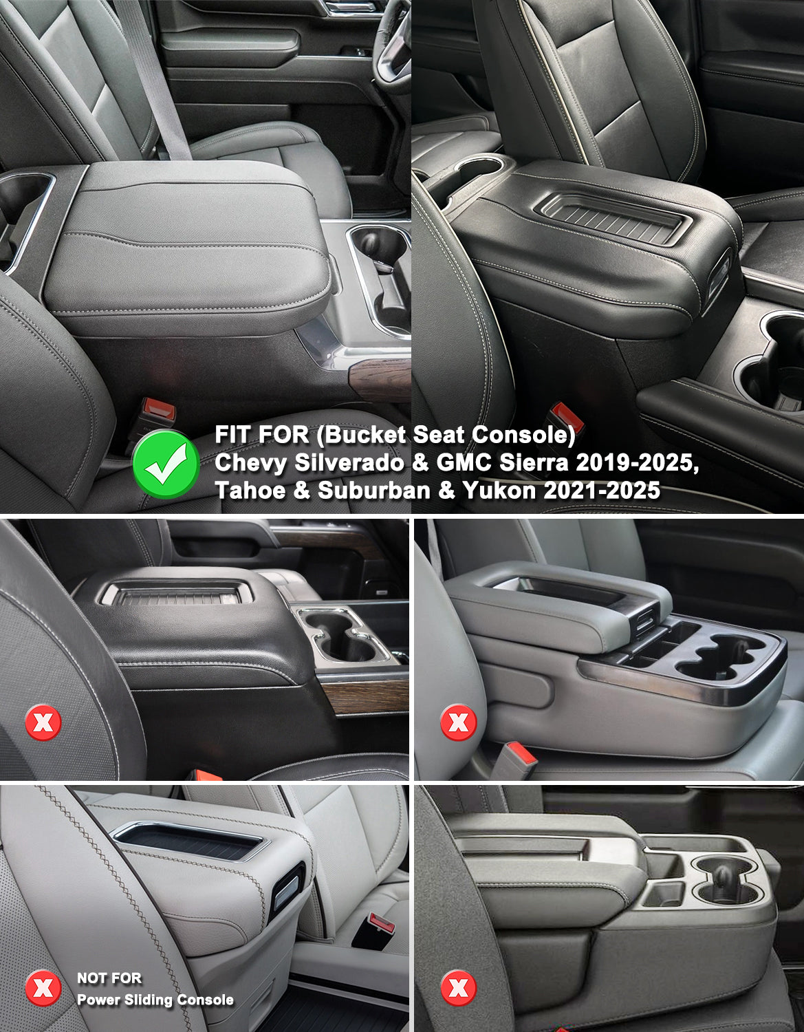 KBH Center Console Cushion Cover for  Bucket Seat 2019-2025 GMC Sierra 1500 2500 3500,2019-2025 Chevy Silverado 1500 2500 3500, 2021-2025 Tahoe/Suburban/Yukon