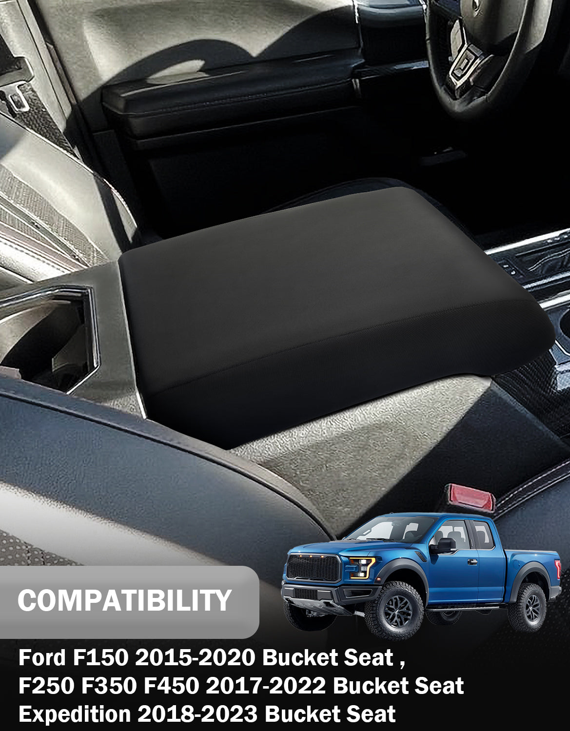 KBH Center Console Armrest Cover for Bucket Seat 2015-2020 Ford F150, 2017-2022 Ford F250 F350 F450 F550 Super Duty, 2018-2024 Ford Expedition