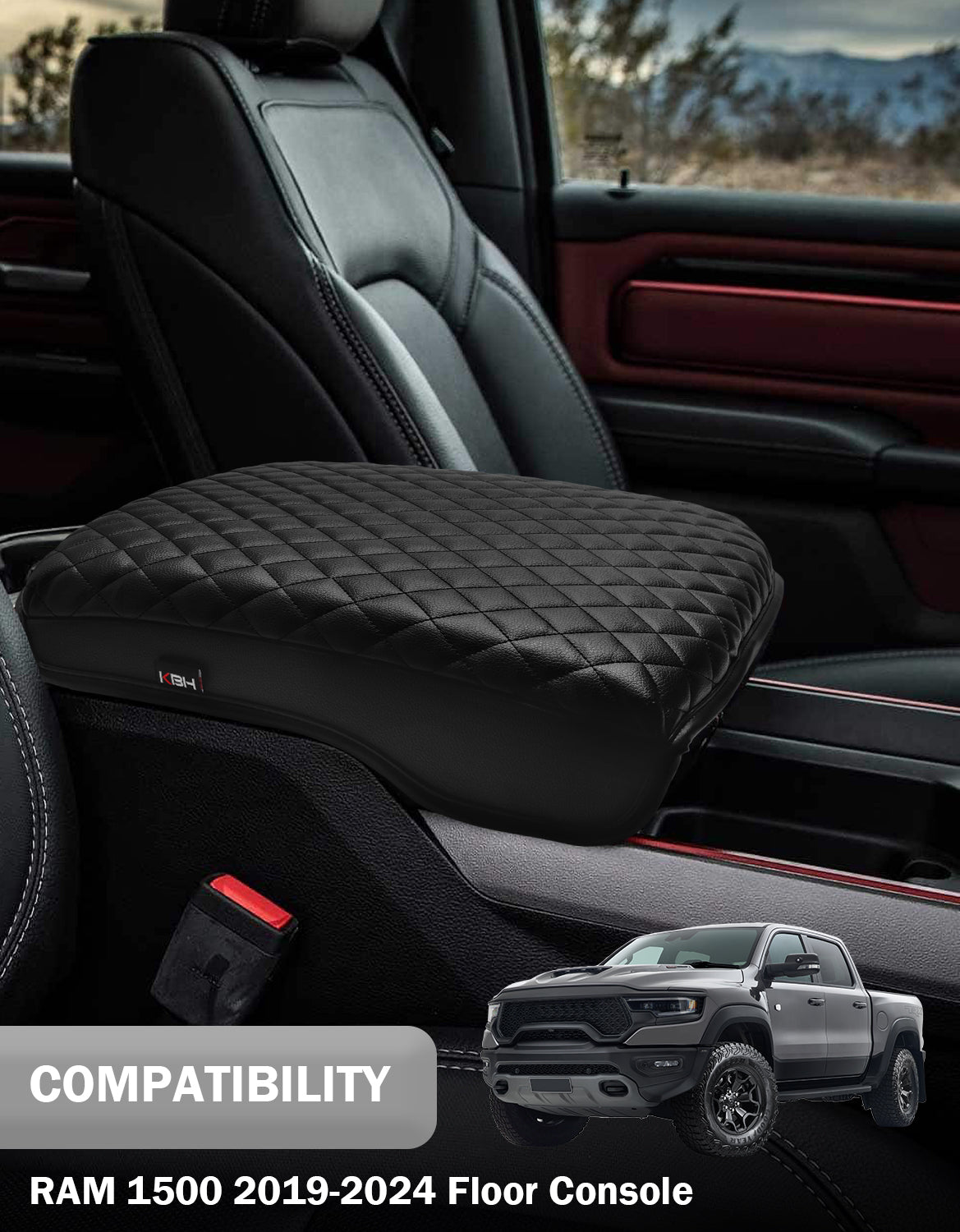 KBH Center Console Armrest Cover Pad Cushion Protector for Bucket Seat 2019-2025 Dodge Ram 1500 2500 3500
