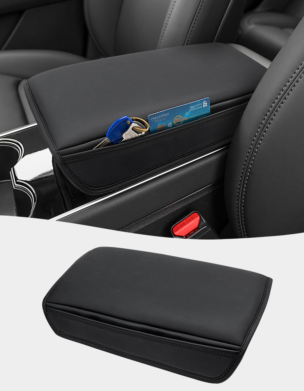 KBH Center Console Armrest Cover for 2017-2023 Tesla Model 3,2020-2025 Tesla Model Y,Middle Console Lid Protector with Side Pockets