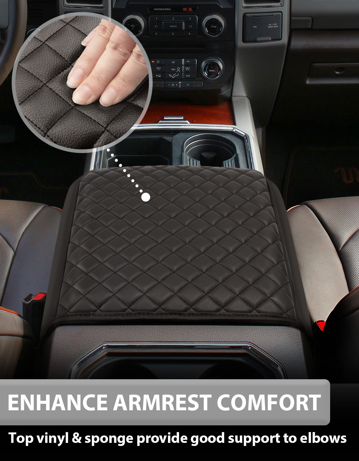 KBH Center Console Armrest Cover Pad for Bucket Seat 2015-2020 Ford F150, 2017-2022 F250 F350 F450 F550 Super Duty, 2018-2024 Ford Expedition