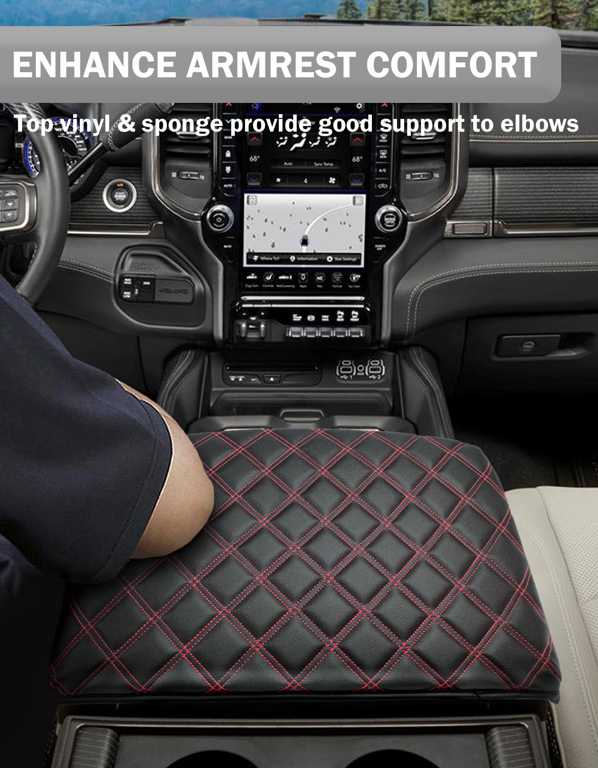 KBH Center Console Armrest Cover Pad Cushion Protector for Bucket Seat 2019-2025 Dodge Ram 1500 2500 3500
