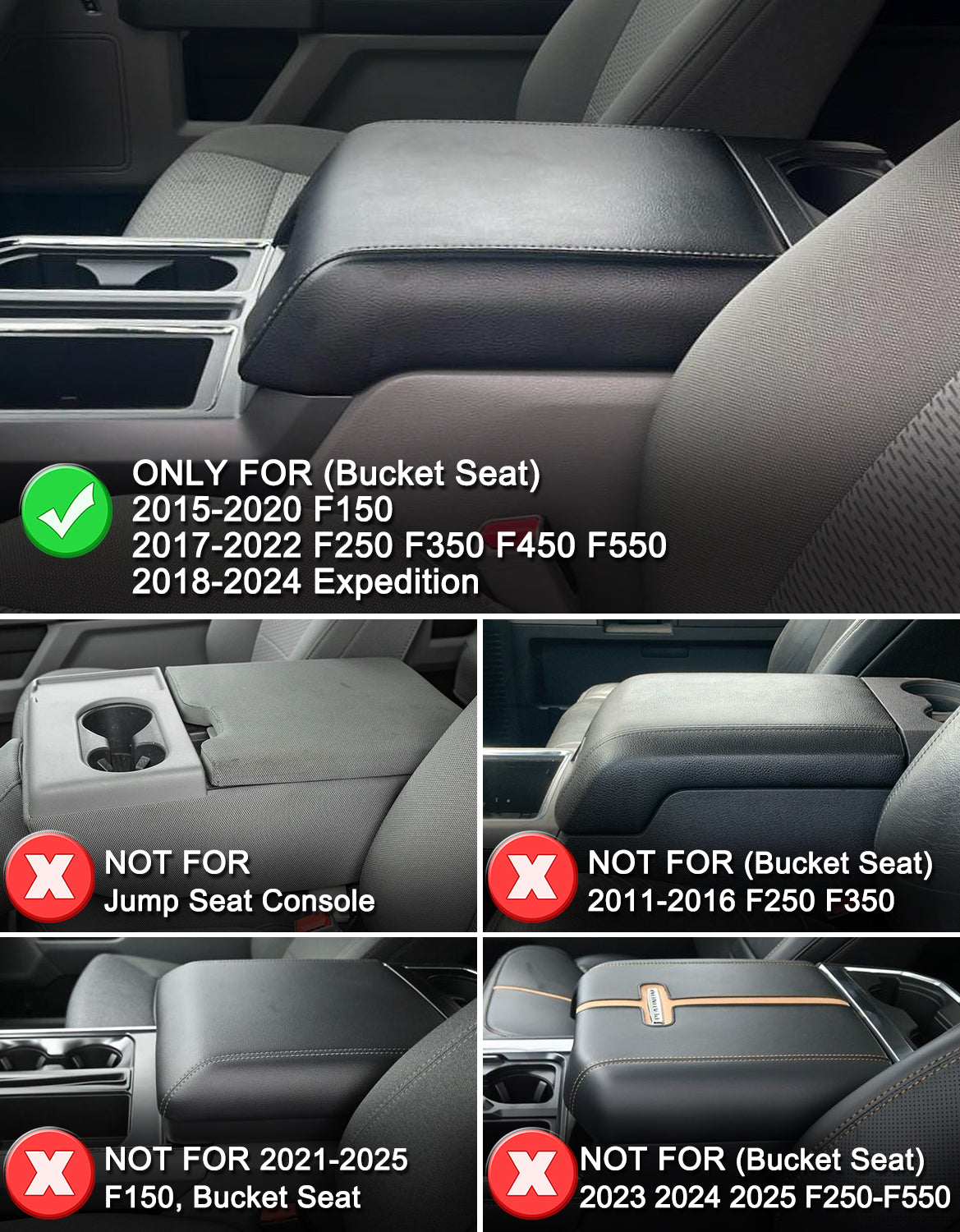 Center Console Armrest Cover Pad for Bucket Seat 2015-2020 Ford F150, 2017-2022 F250 F350 F450 F550 Super Duty, 2018-2024 Ford Expedition