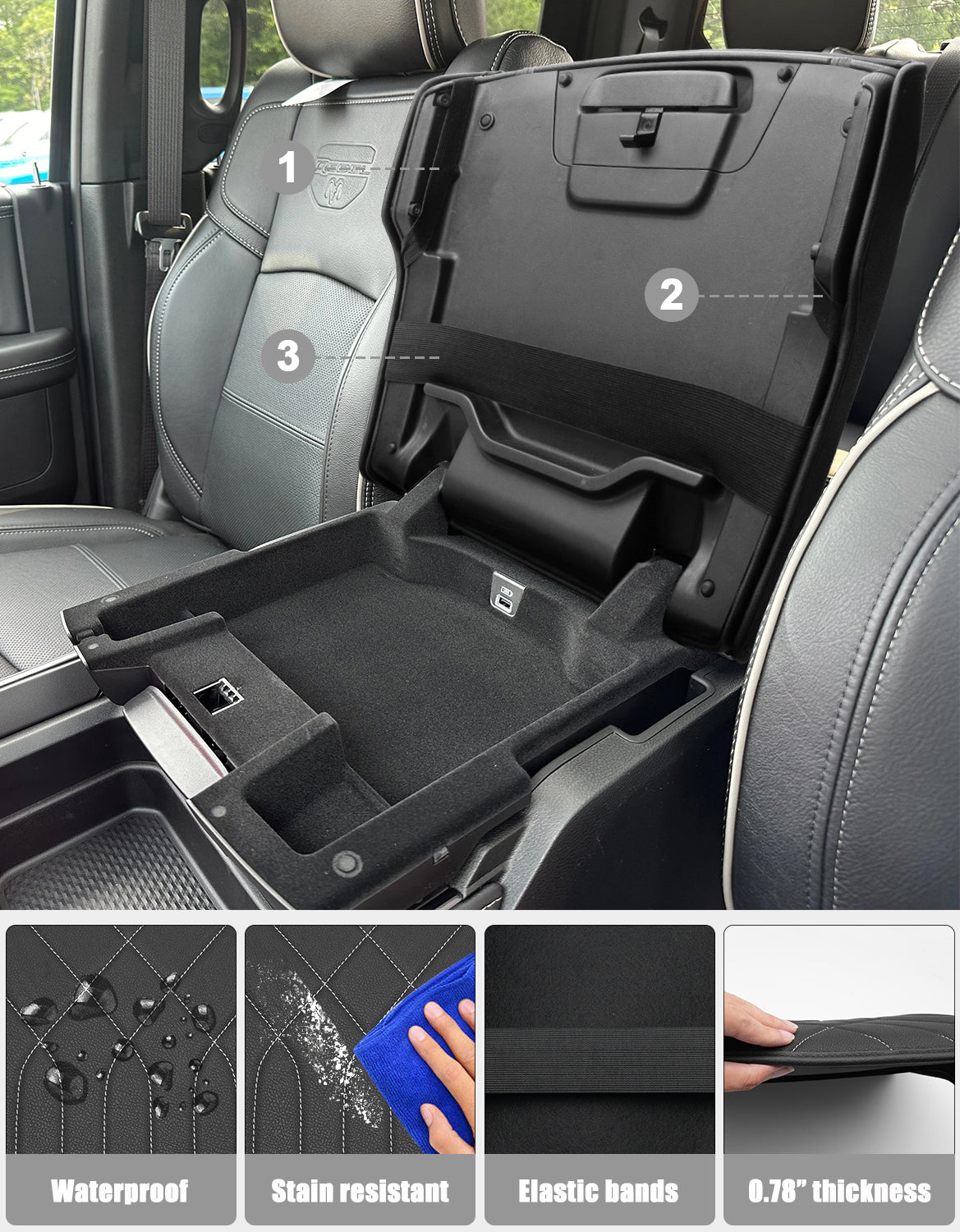 KBH Center Console Armrest Cover for Bucket Seat 2019-2026 Dodge Ram 1500 2500 3500