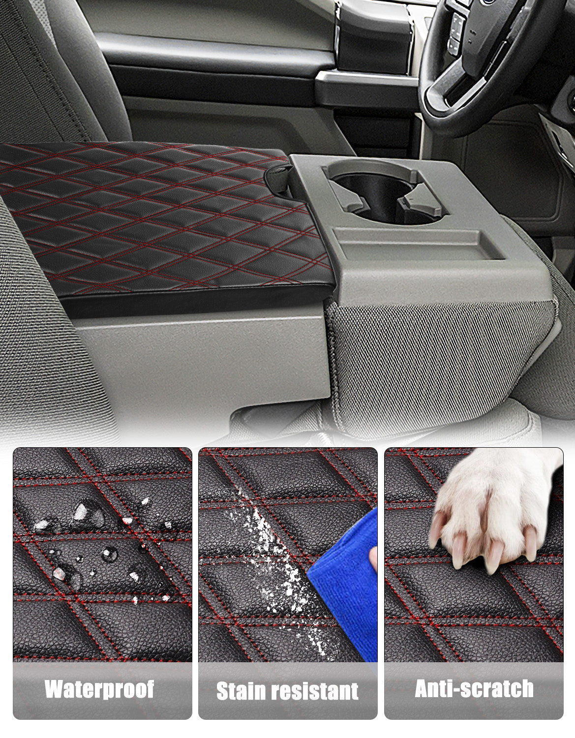 KBH Center Console Armrest PU Leather Cover for Jump Seat 2015-2025 Ford F150 , 2017-2025 Ford F250 F350 F450 F550 Super Duty