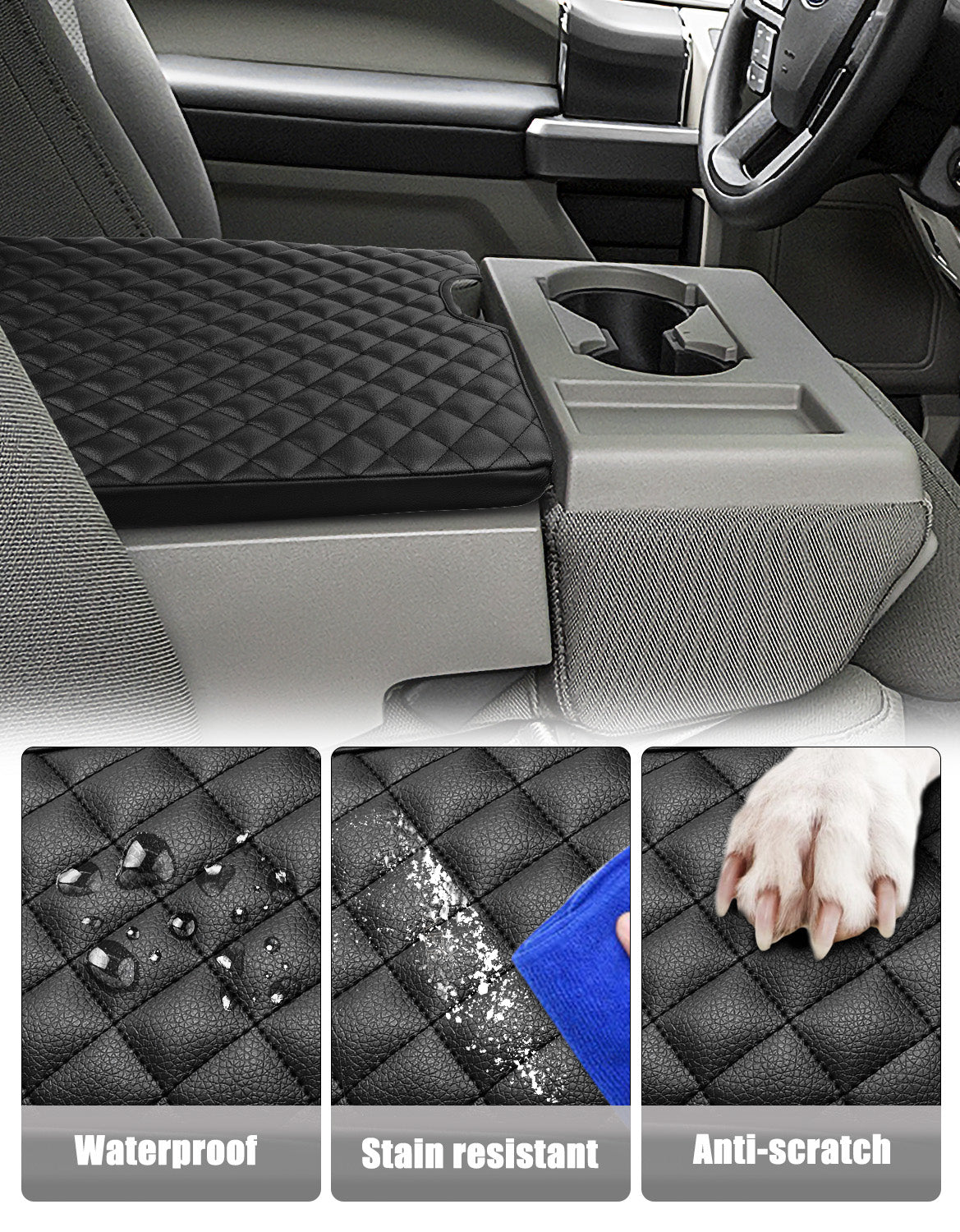 KBH Center Console Armrest PU Leather Cover for Jump Seat 2015-2025 Ford F150 , 2017-2025 Ford F250 F350 F450 F550 Super Duty