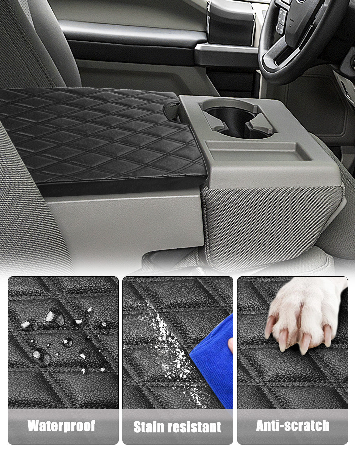 KBH Center Console Armrest PU Leather Cover for Jump Seat 2015-2025 Ford F150 , 2017-2025 Ford F250 F350 F450 F550 Super Duty