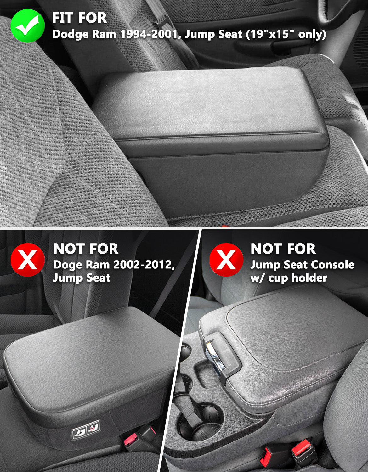 KBH Black Center Console Armrest Cover for Jump Seat 1994-2001 Dodge Ram 1500 2500 3500