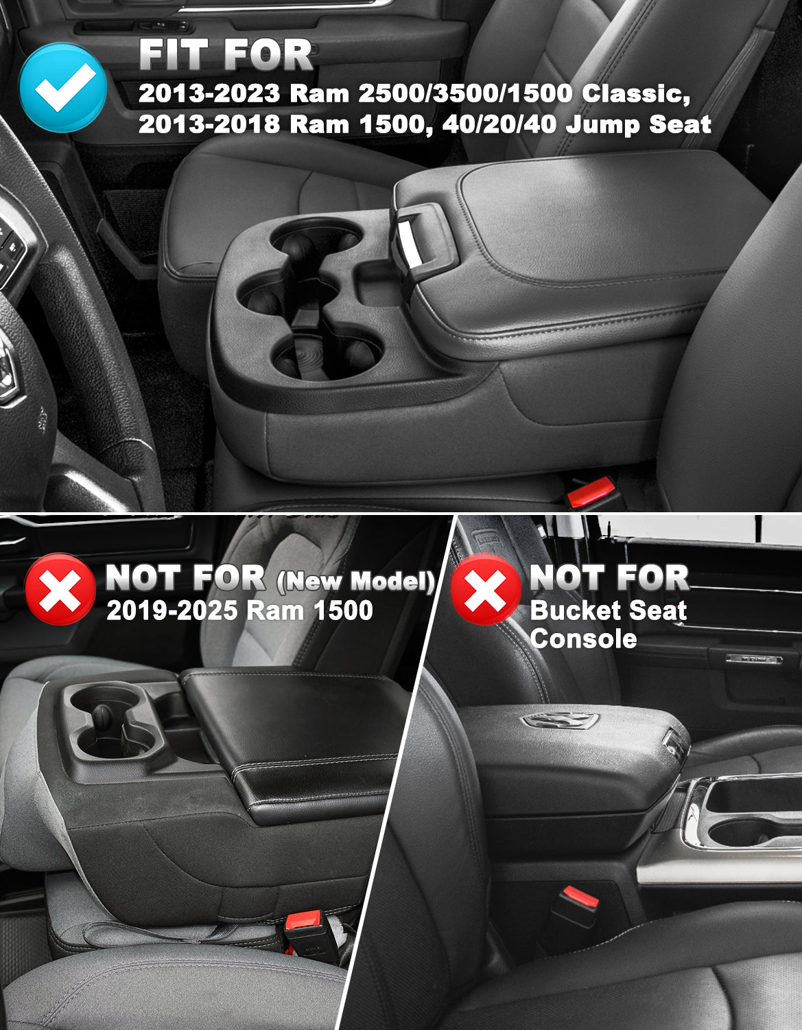 KBH Center Console Armrest Cover for Jump Seat 2013-2018 Dodge Ram 1500,2013-2025 Dodge Ram 2500/3500/1500Classic