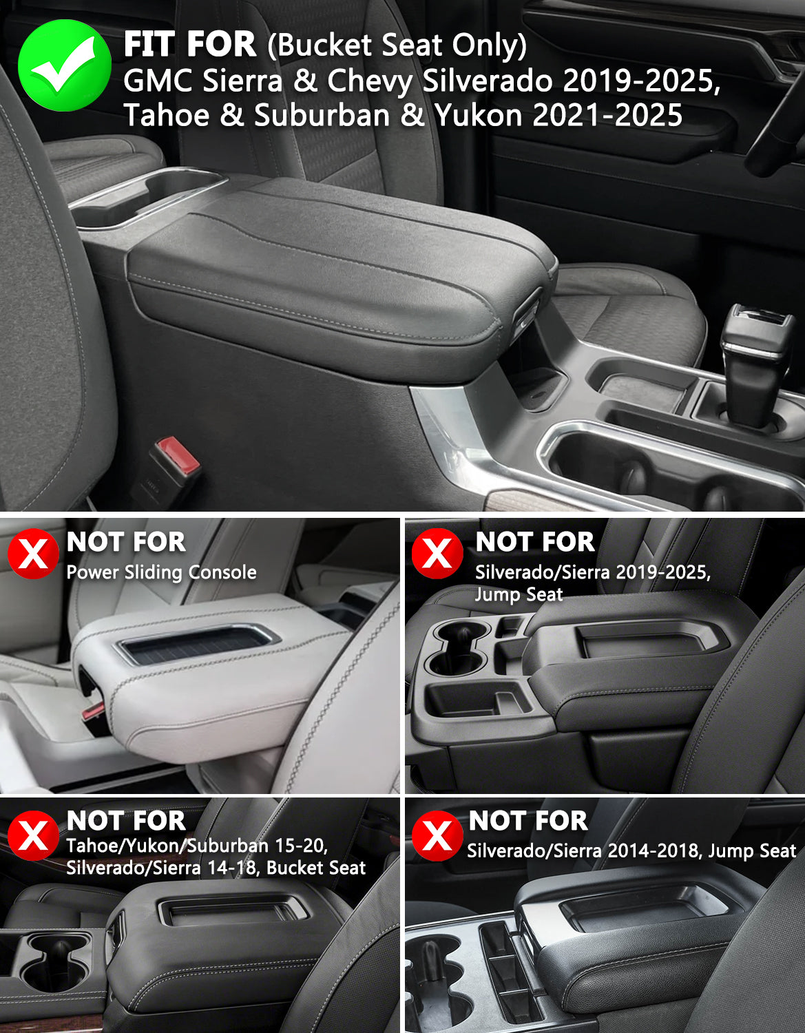 KBH Center Console Cushion Cover for  Bucket Seat 2019-2025 GMC Sierra 1500 2500 3500,2019-2025 Chevy Silverado 1500 2500 3500, 2021-2025 Tahoe/Suburban/Yukon