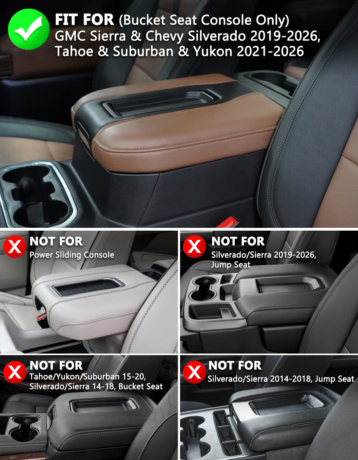 Thick Version Center Console Cushion Cover for Bucket Seat 2019-2026 GMC Sierra 1500 2500 3500,2019-2026 Chevy Silverado 1500 2500 3500, 2021-2026 Tahoe/Suburban/Yukon