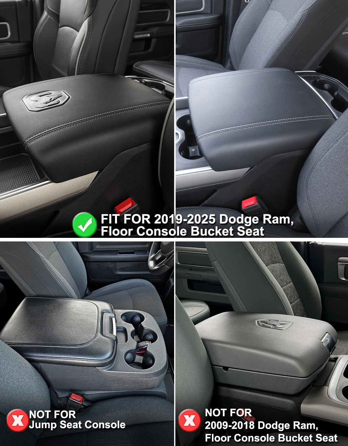 KBH Center Console Armrest Cover Pad Cushion Protector for Bucket Seat 2019-2025 Dodge Ram 1500 2500 3500