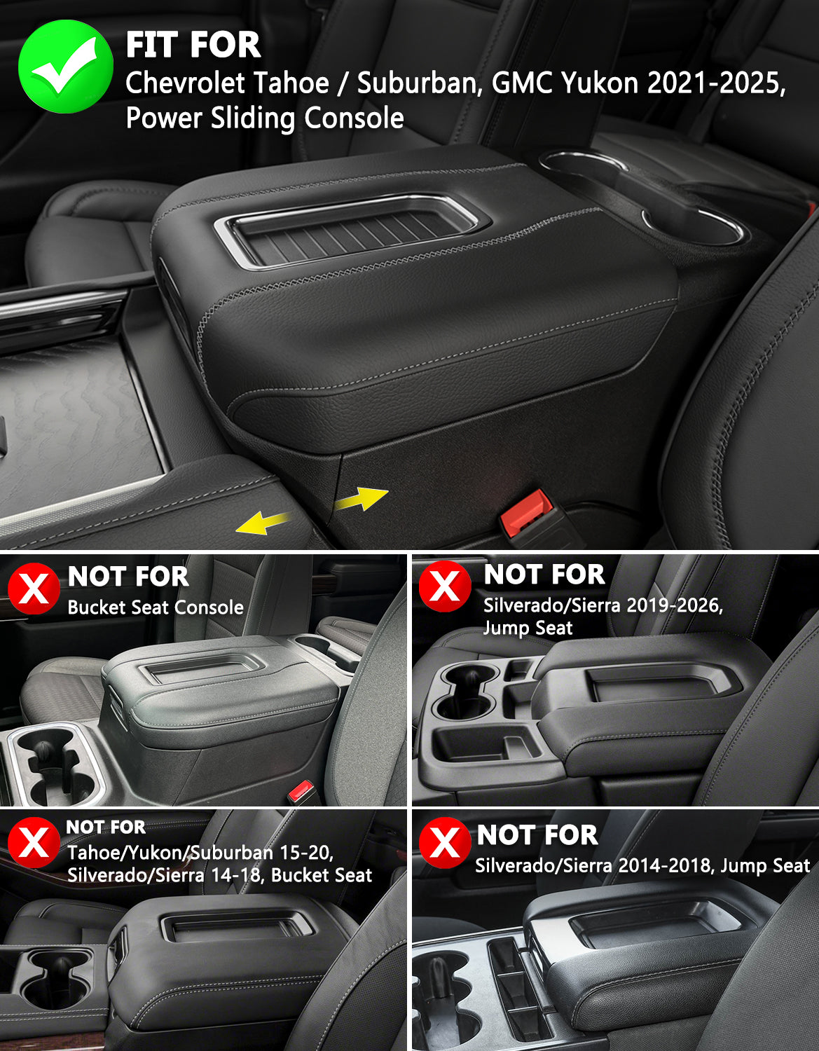 Power Sliding Console Armrest Cover for Bucket Seat 2021-2026 Chevy Tahoe Suburban,2021-2025 GMC Yukon Wireless charging port