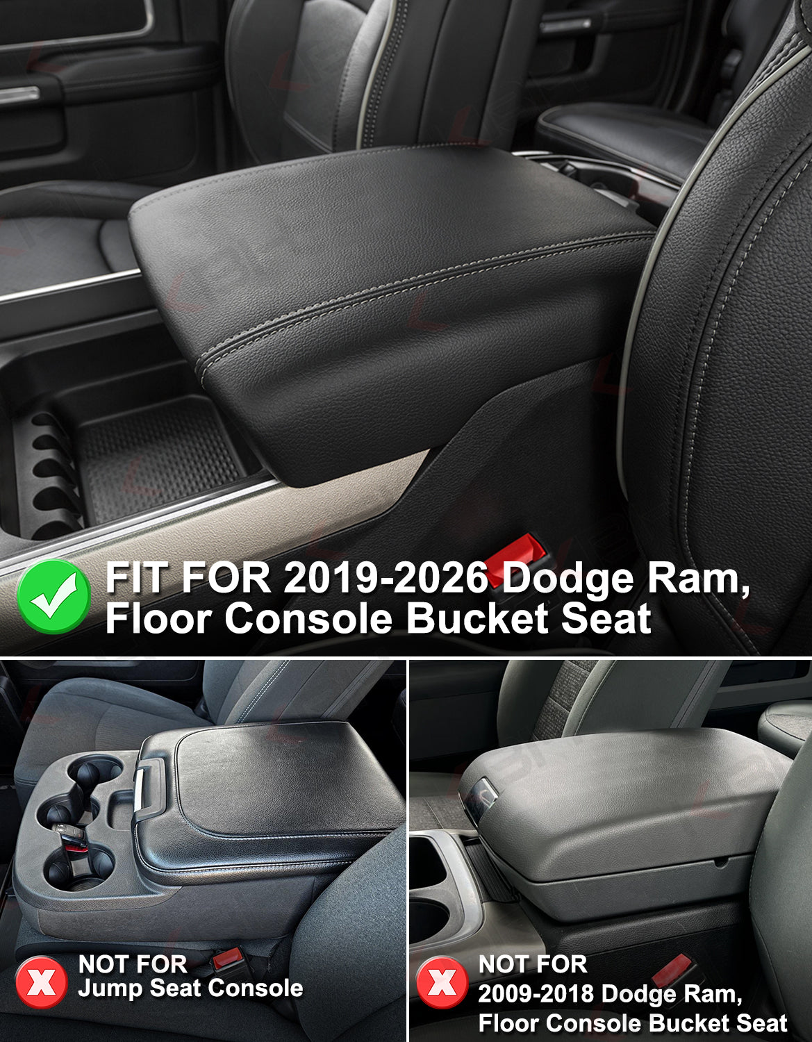 Center Console Armrest Cover Pad for Bucket Seat 2019-2026 Dodge Ram 1500 2500 3500