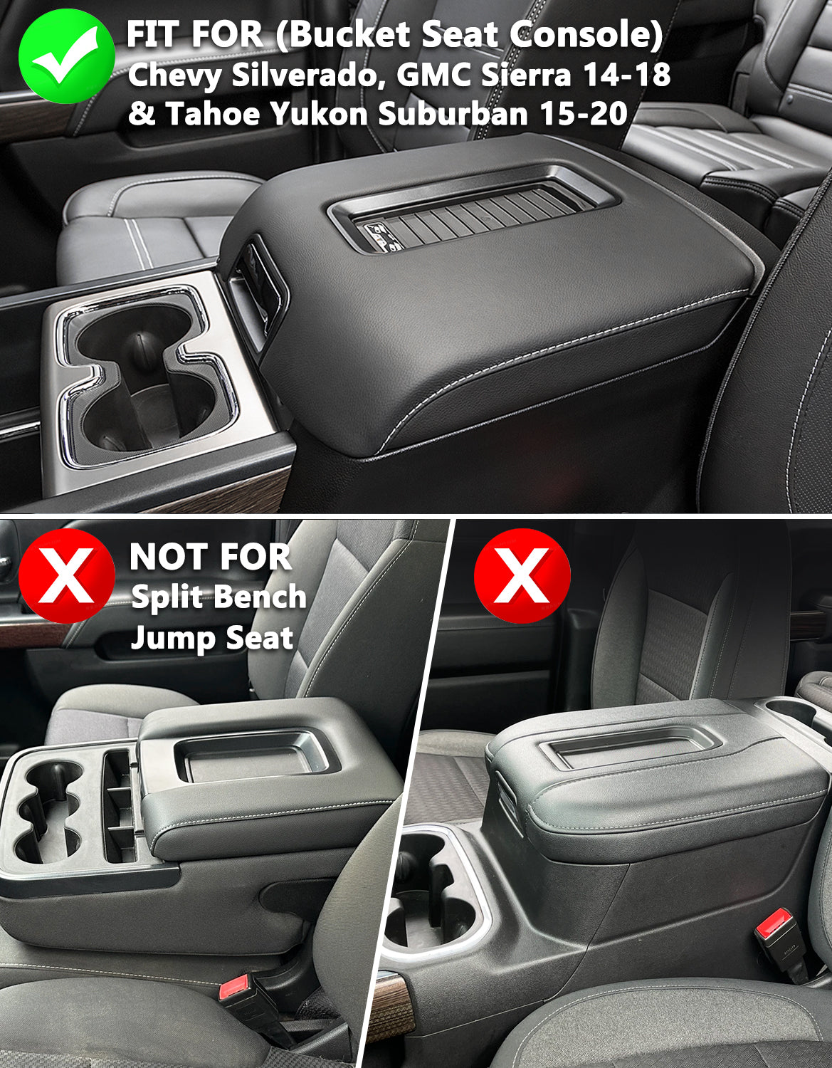 Center Console Armrest Cover for Bucket Seat 2014-2018 Chevy Silverado 1500/2500/3500,2014-2018 GMC Sierra 1500/2500/3500,2015-2020 Tahoe/Yukon/Suburban