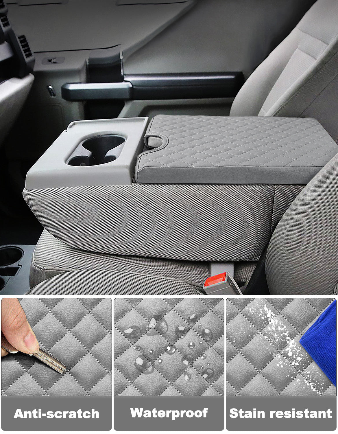 KBH Center Console Armrest PU Leather Cover Cushion Pad Protector for Ford F150 2015-2022, F250 F350 F450 2017-2022