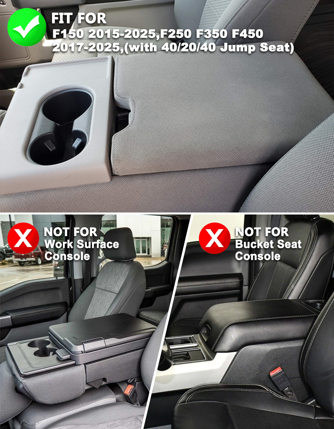KBH Center Console Armrest Cover Pad for Jump Seat 2015-2025 Ford F150, 2017-2025 Ford F250 F350 F450 Super Duty