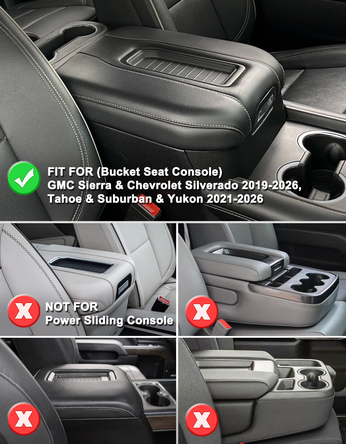 KBH Center Console Cushion Cover for Bucket Seat 2019-2026 GMC Sierra 1500 2500 3500,2019-2026 Chevy Silverado 1500 2500 3500, 2021-2026 Tahoe/Suburban/Yukon