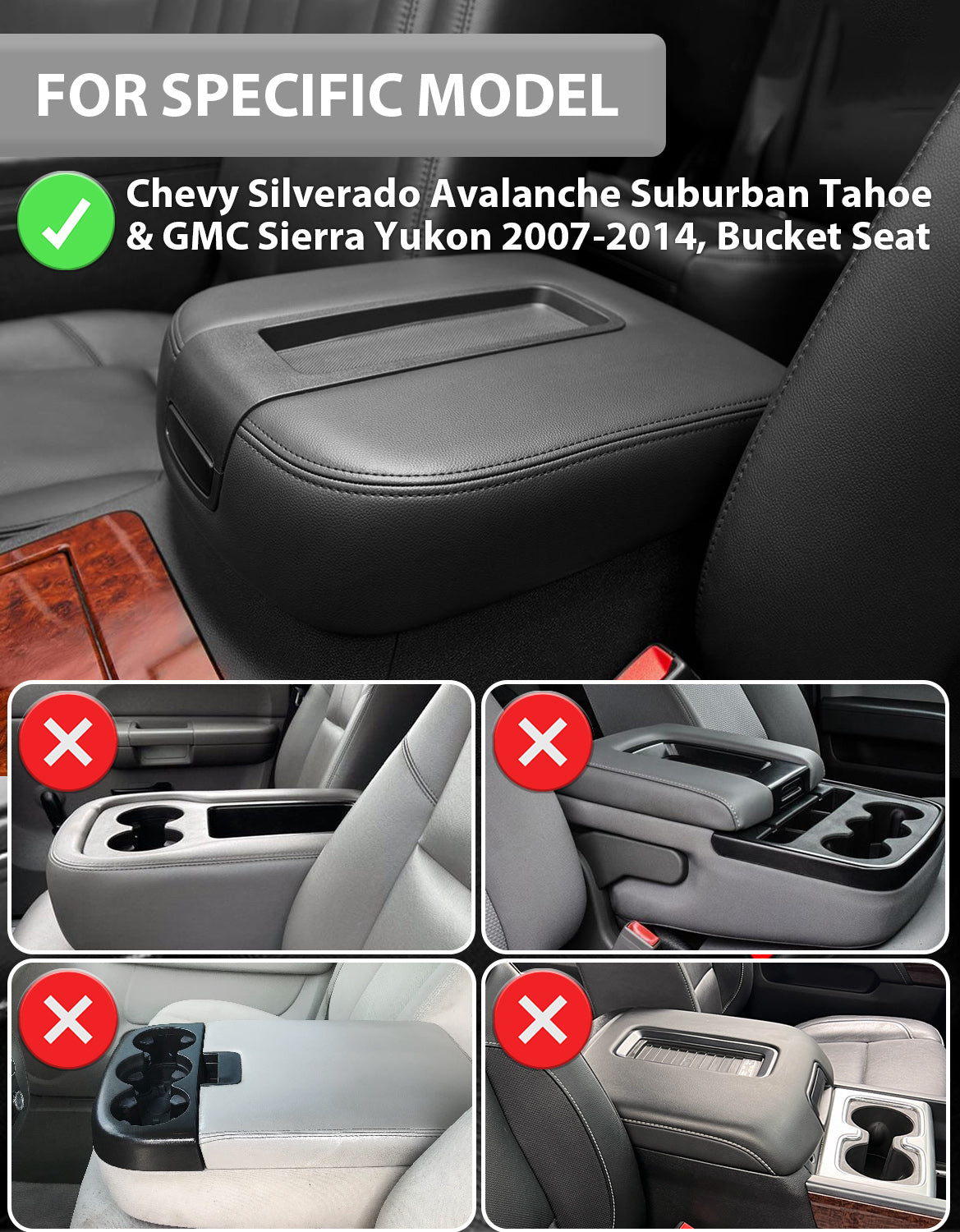 KBH Center Console Armrest Cover for Bucket Seat 2007-2014 Chevy Silverado 1500 2500 3500 /Avalanche/Suburban/Tahoe & GMC Sierra 1500 2500 3500/Yukon