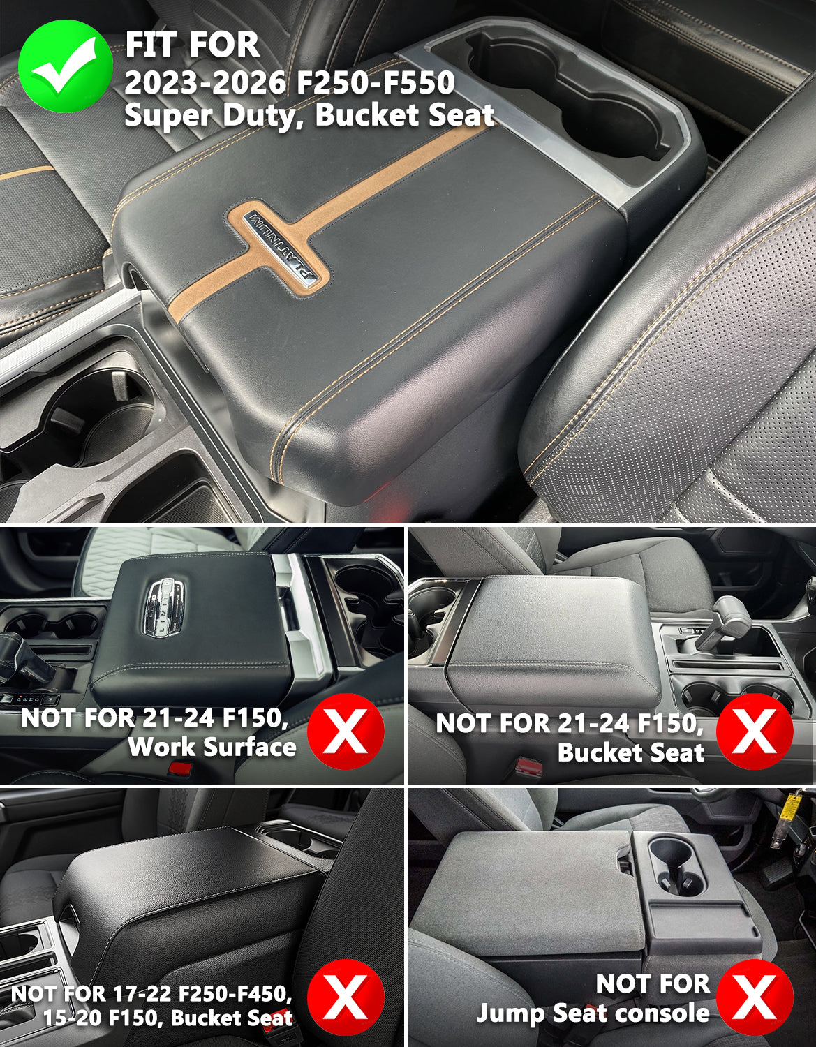 KBH Center Console Cover Pad for Bucket Seat 2023-2026 Ford F250 F350 F450 F550 Super Duty