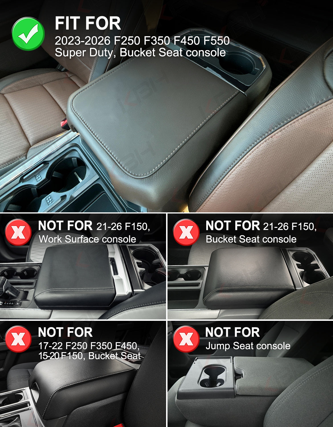 Center Console Cover Pad for Bucket Seat 2023-2026 Ford F250 F350 F450 F550 Super Duty