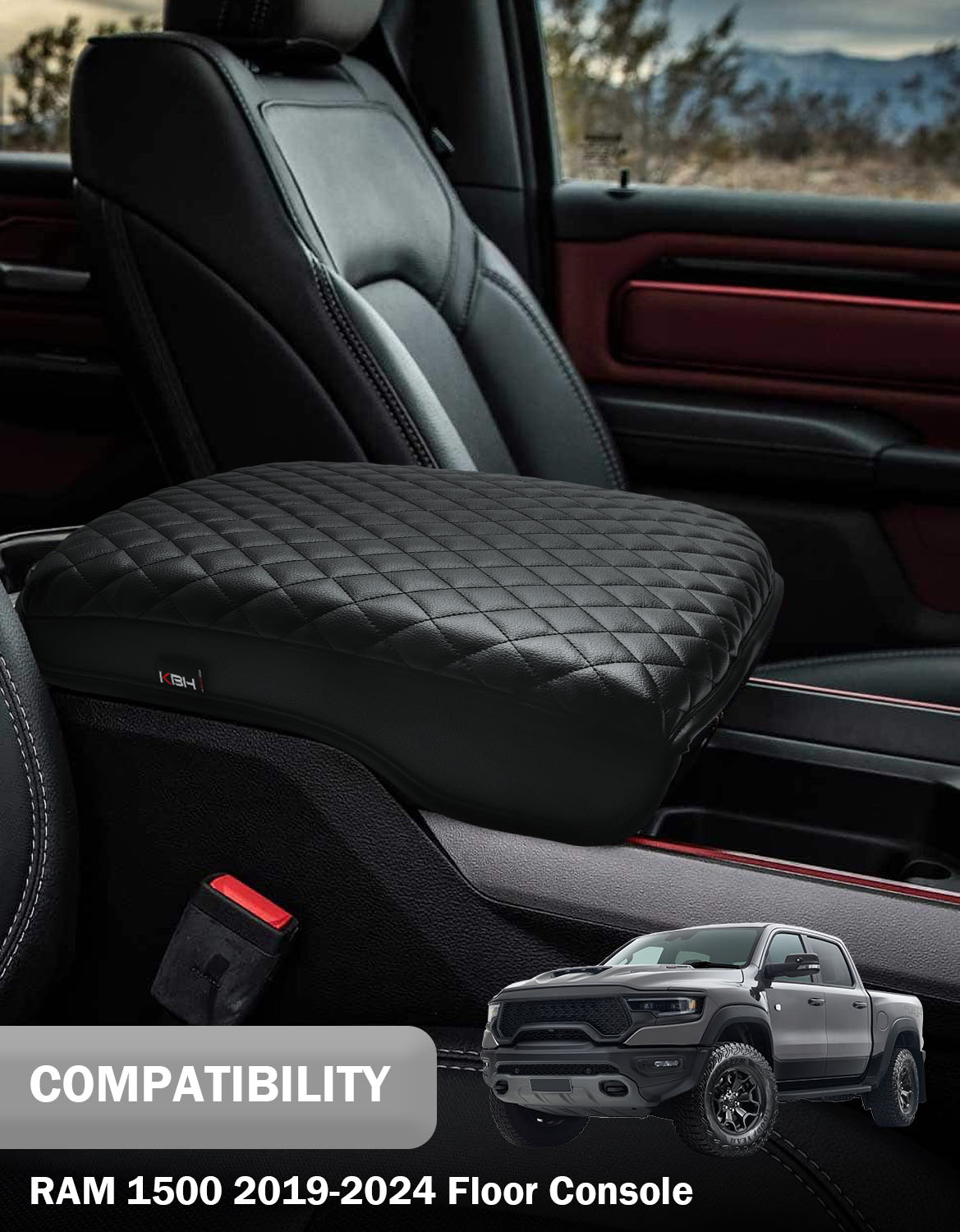 KBH Center Console Armrest Cover Pad Cushion Protector for 2019-2025 Dodge Ram 1500/2500/3500