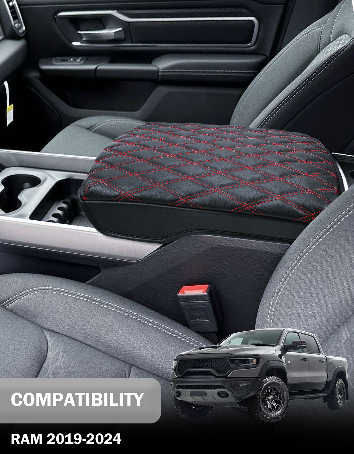 KBH Center Console Armrest Cover Pad Cushion Protector for Bucket Seat 2019-2025 Dodge Ram 1500 2500 3500