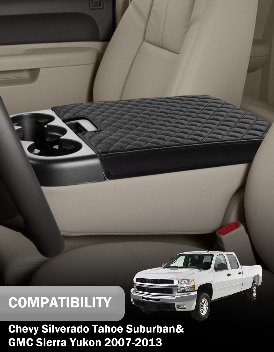 KBH Black Center Console Armrest Cover for Chevrolet Silverado/Tahoe/Suburban & GMC Sierra/Yukon 2007-2013