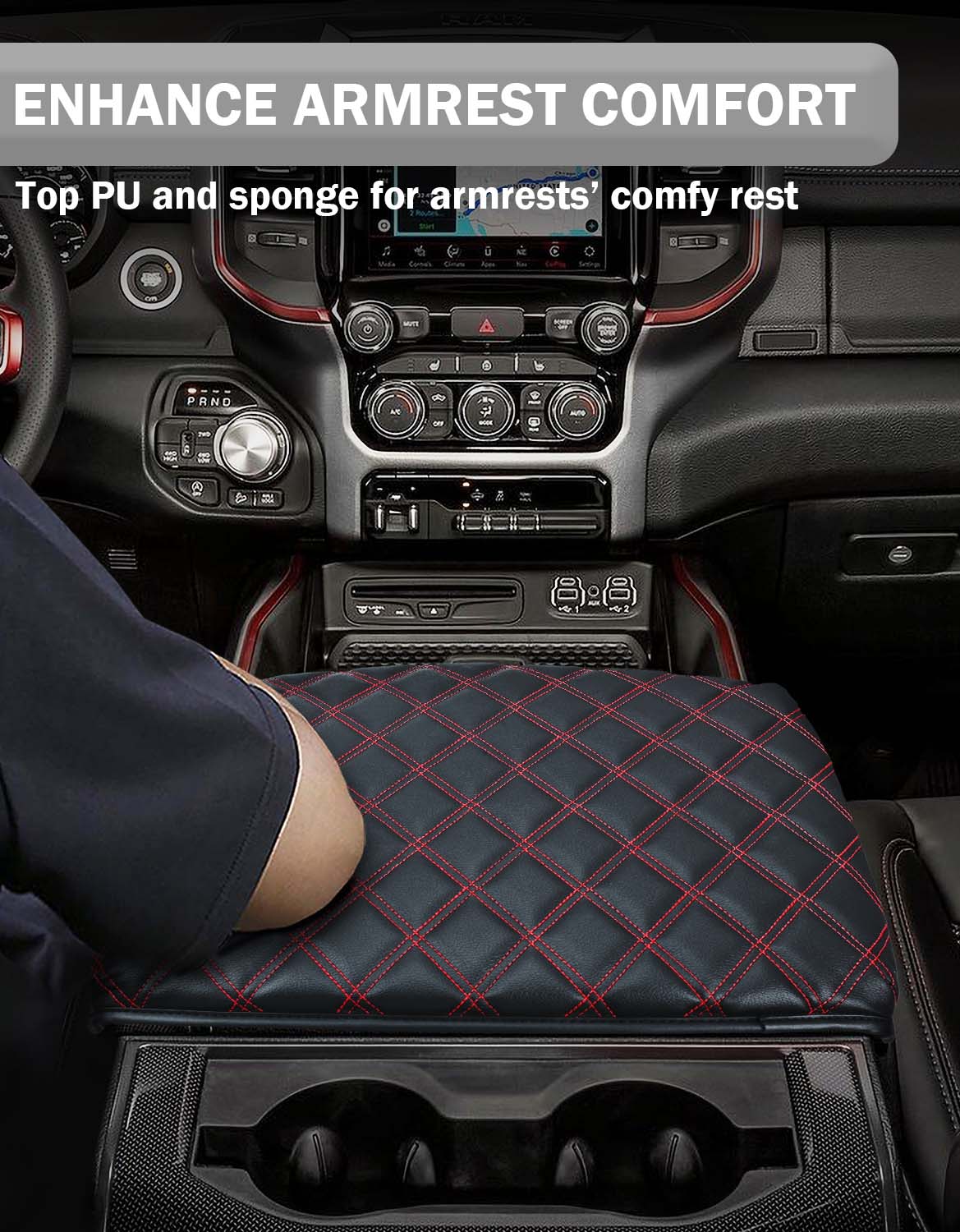 KBH Center Console Armrest Cover Pad Cushion Protector for Bucket Seat 2019-2025 Dodge Ram 1500 2500 3500