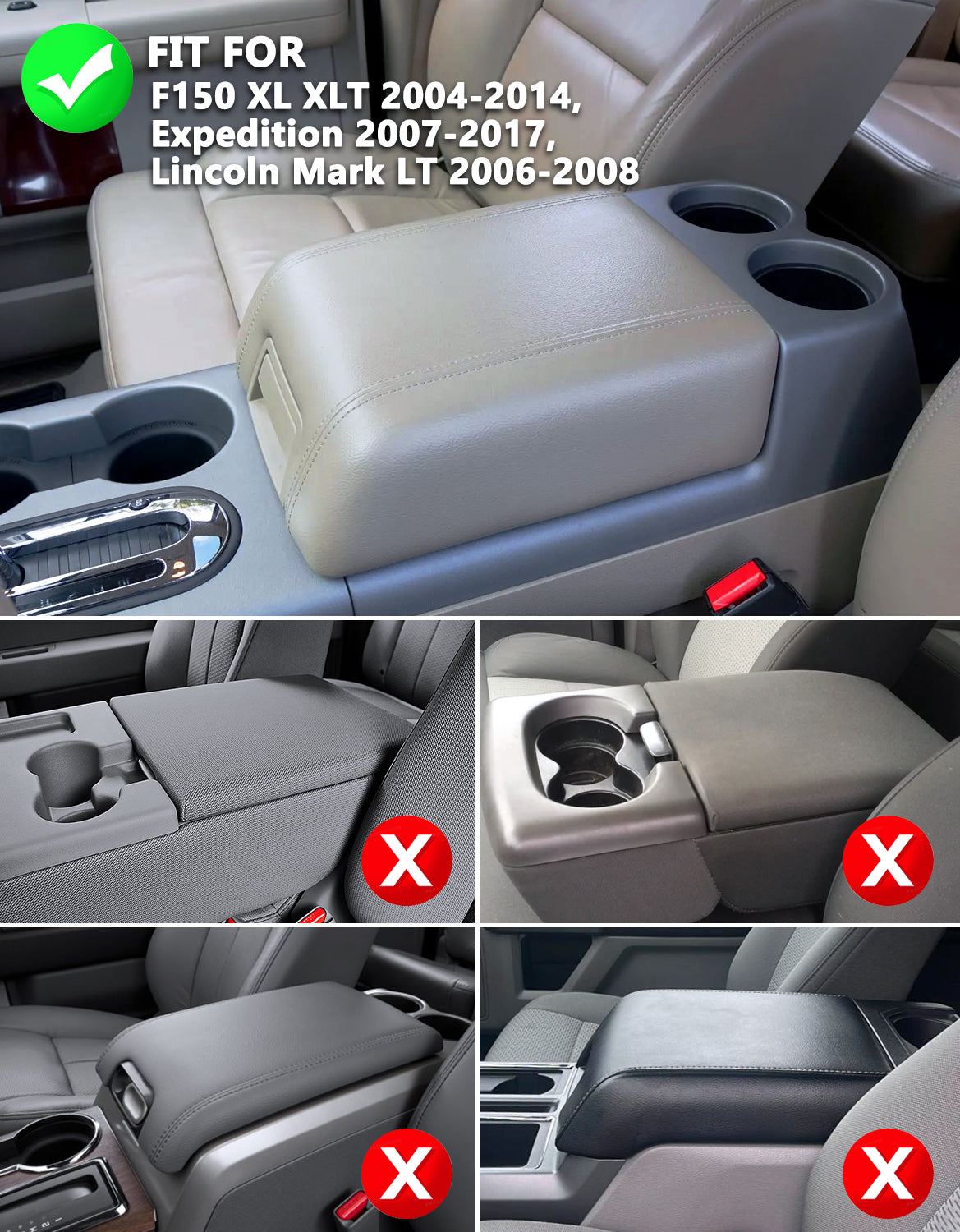 KBH Center Console Armrest Cover Pad for Bucket Seat 2004-2014 Ford F150 XL XLT STX, 2007-2017 Ford Expedition, 2006-2008 Lincoln Mark LT