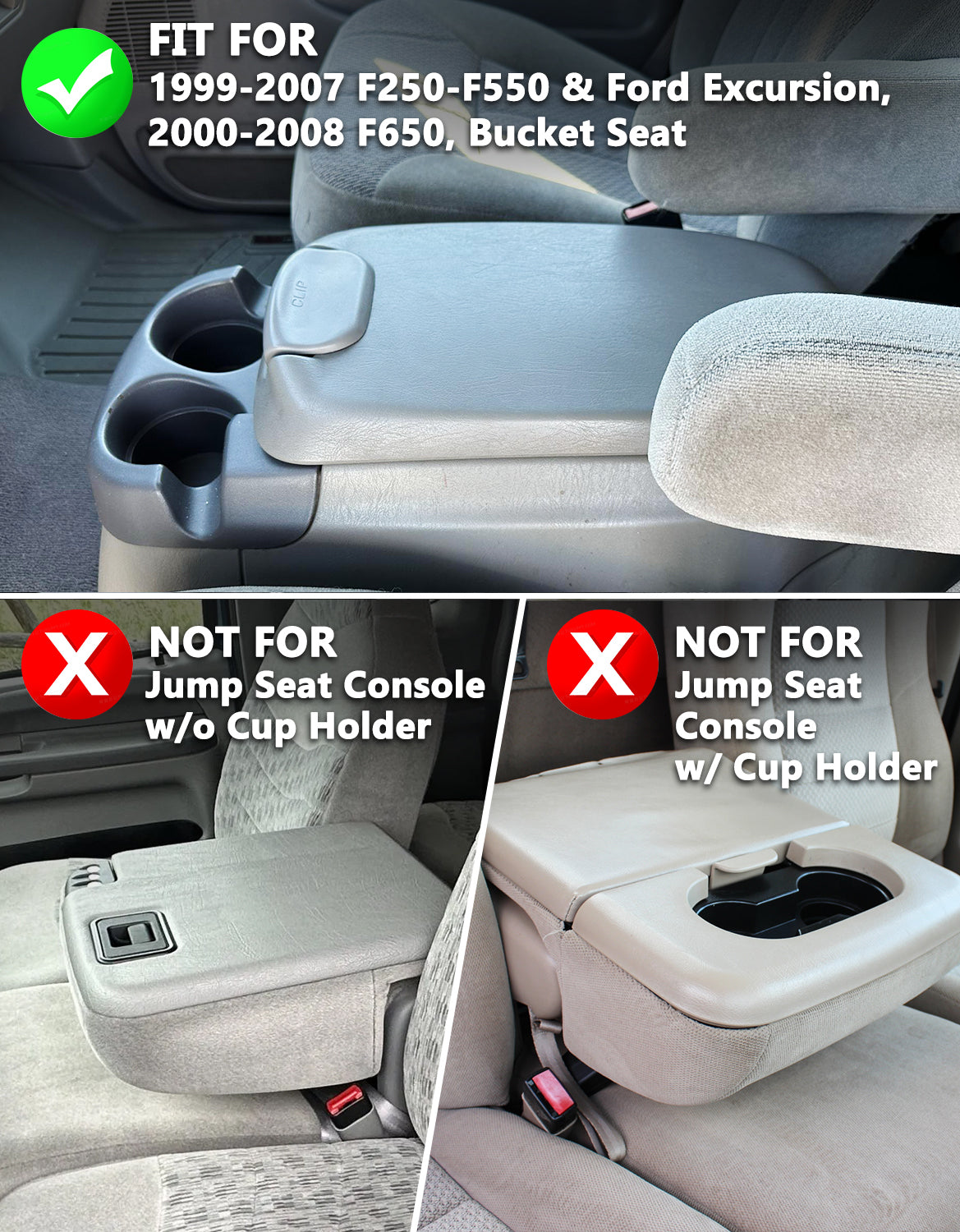 KBH Center Console Armrest Cover for Bucket Seat 1999-2007 Ford F250 F350 F450 F550 Super Duty,2000-2008 Ford F650 Super Duty,1999-2007 Ford Excursion